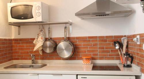 里斯本Lisbon Secret & Graca Apartment的厨房柜台设有水槽和微波炉