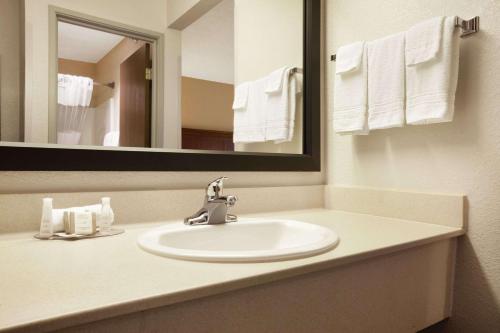 苏福尔斯苏福尔斯贝蒙特旅馆套房酒店的一间带水槽和镜子的浴室