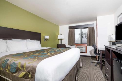 欧克莱尔欧克莱尔贝蒙特旅馆套房酒店的酒店客房设有一张大床和一台电视。