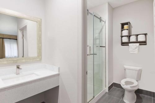 布赖恩Baymont by Wyndham Bryan College Station的浴室配有卫生间、盥洗盆和淋浴。