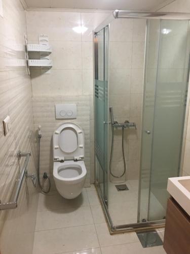 贝鲁特Divan Hotel Apartments的一间带卫生间和玻璃淋浴间的浴室