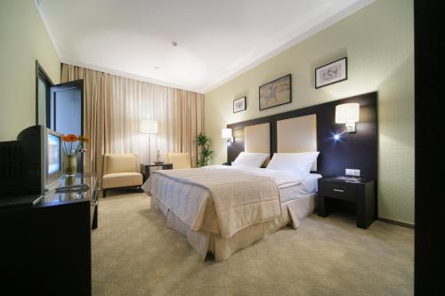 叶卡捷琳堡参议员商务酒店的酒店客房,配有床和电视