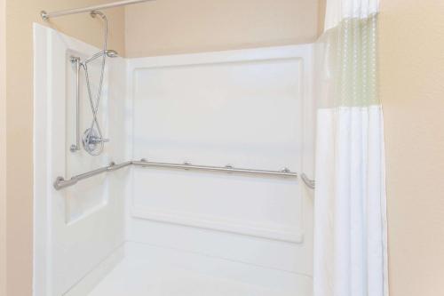 Sparta肯塔基斯巴达华美达酒店的带淋浴帘和门的浴室