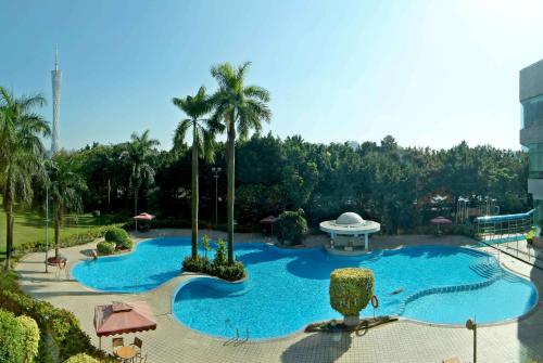 广州广州凯旋华美达大酒店的享有棕榈树大型游泳池的顶部景致