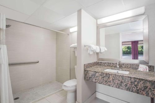 埃奇伍德Ramada by Wyndham Edgewood Hotel & Conference Center的一间带卫生间、水槽和镜子的浴室