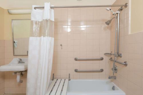 圣巴巴拉圣巴巴拉华美达酒店的浴室配有淋浴帘和盥洗盆。