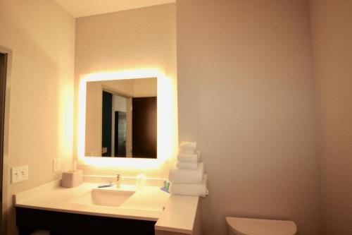 柯克斯维尔Holiday Inn Express & Suites - Kirksville - University Area, an IHG Hotel的一间带水槽、镜子和卫生间的浴室
