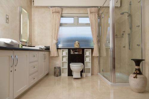 罗斯卡伯里伯特利旅馆的一间带卫生间和淋浴的浴室以及窗户。