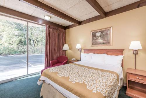 Niles奈尔斯戴斯酒店的酒店客房设有一张床和一个大窗户