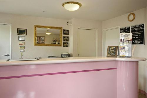 海沃德戴斯酒店，海沃德机场的餐厅的粉红色柜台,带镜子