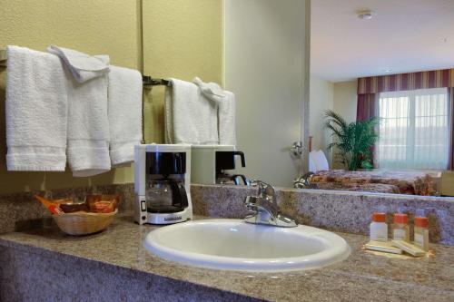 海沃德戴斯酒店，海沃德机场的浴室柜台配有水槽和咖啡壶