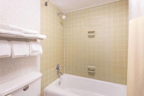 拜伦拜伦戴斯酒店的浴室设有浴缸和绿色瓷砖淋浴。