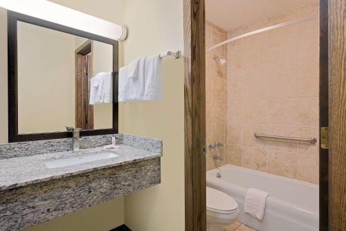 国际瀑布城Days Inn by Wyndham International Falls的一间带水槽、浴缸和卫生间的浴室