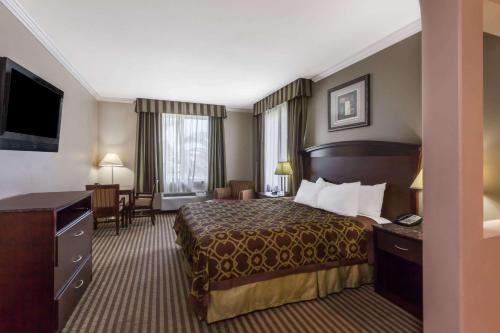安纳海姆Harbor Inn & Suites的配有一张床和一张书桌的酒店客房