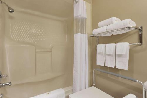 达尔豪斯戴斯酒店及会议中心 - 达尔豪西 的带淋浴和白色毛巾的浴室