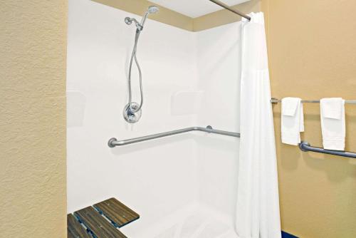 伯尼伯尼戴斯汽车旅馆的一间带白色淋浴帘的浴室
