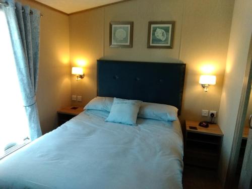 奥赫特拉德11 Burnside Lodge的一间卧室配有一张带蓝色枕头的大床