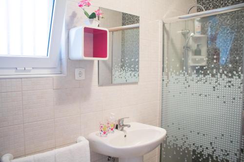 蓬塔德尔加达Apartamento Sandra的一间带水槽和淋浴的浴室