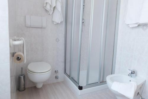 莫里瑞斯特雷特达纳尼旅馆的带淋浴、卫生间和盥洗盆的浴室