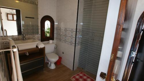 迈尔提勒庄园酒店的一间带水槽、卫生间和镜子的浴室