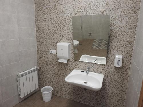 图伊Albergue Buen Camino Tui的一间带水槽、镜子和卫生间的浴室