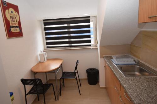 斯图加特Apartment Hedelfingen I的小厨房配有桌椅和水槽
