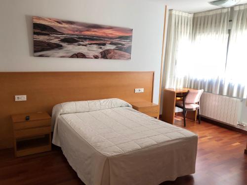 萨莫拉Hostal El Poligono的一间卧室配有一张床、一张书桌和一个窗户。