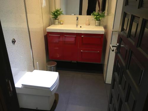 莫莱拉Villa San Antonio的一间带卫生间、水槽和红色橱柜的浴室