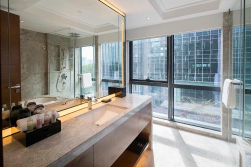 深圳深圳辉盛阁国际公寓的一间带大水槽和大窗户的浴室