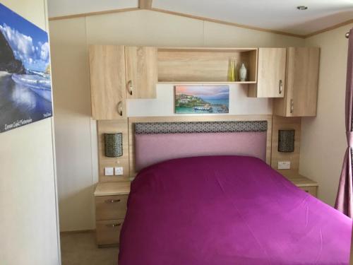 纽基Newquay Valley View的小型卧室,大篷车内配有一张紫色床
