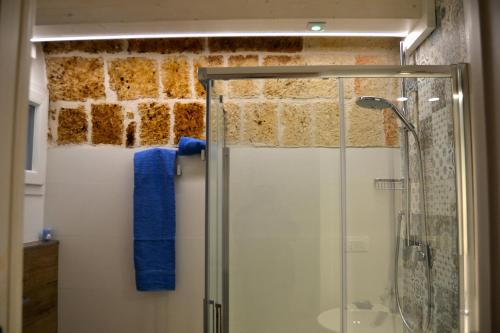 滨海波利尼亚诺Mare Nostrum Locazione Turistica的带淋浴和蓝色毛巾的浴室