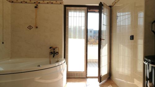 罗韦雷托Le Cicogne的带浴缸和玻璃门的浴室