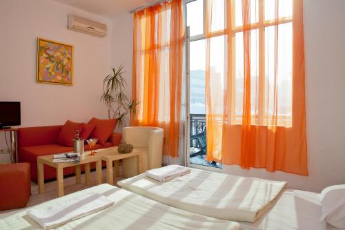 索非亚 斯科蒂精品酒店的客厅配有床、沙发和窗户