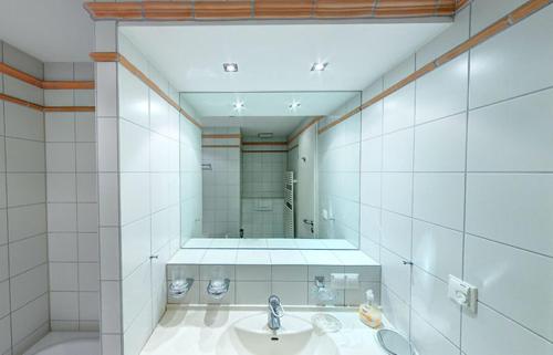 黑灵斯多夫Villa Seepark - Ferienwohnung 5的一间带水槽和镜子的浴室