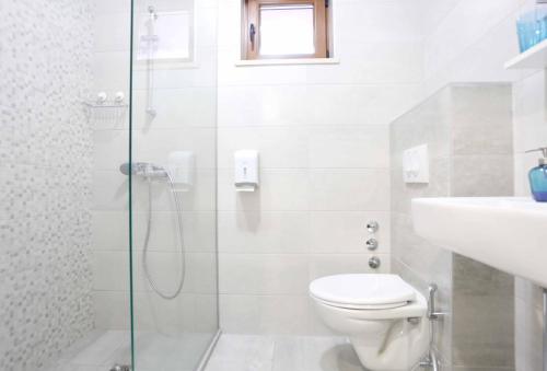 萨拉热窝Hostel Kucha的带淋浴、卫生间和盥洗盆的浴室