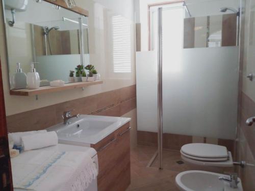 维拉诺瓦Villa Fontanelle的一间带水槽、卫生间和淋浴的浴室