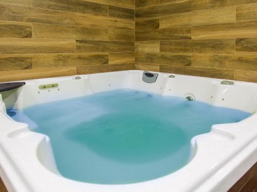 尤斯托尼莫斯基DWIE SOSNY Apartament 52的客房内的浴缸里装满了蓝色的水