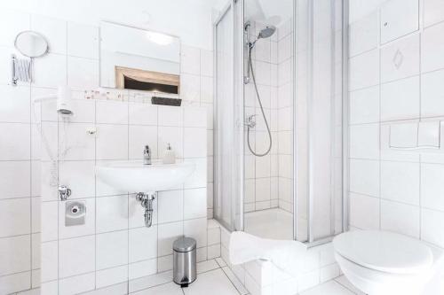 耶拿Hotel Haus im Sack的带淋浴、卫生间和盥洗盆的浴室