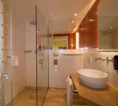 泰尔夫斯蒙德酒店 的一间带水槽和玻璃淋浴的浴室