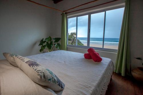 托弗海滩Pura Vida Tofo Beach Houses的一间卧室设有一张床,享有海景