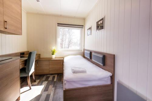霍尔滕Horten Apartment的小房间设有床、书桌和窗户
