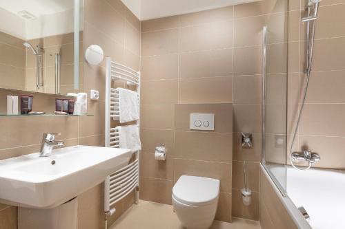 布拉格布德维兹酒店的一间带水槽、卫生间和淋浴的浴室