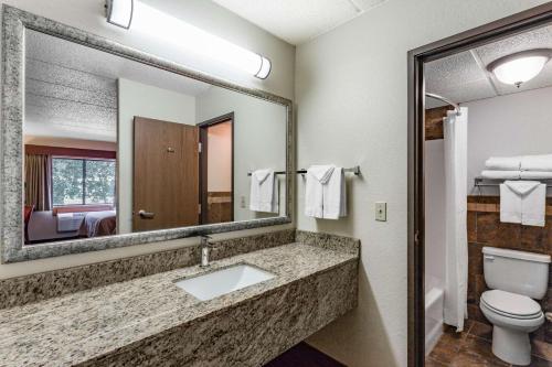 梅多拉AmericInn by Wyndham Medora的一间带水槽、卫生间和镜子的浴室