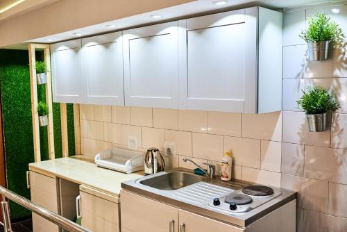 格里兹鲍Szekla的厨房配有白色橱柜和水槽