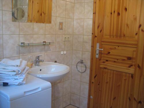 奥斯特西巴德钦诺维茨Ferienhaus Troge的浴室设有白色水槽和镜子