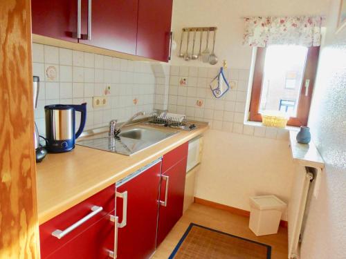 伯格奥夫费马恩Haus-Scheel-2的一个带红色橱柜和水槽的小厨房