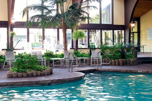 惠灵Oglebay Resort的大楼内一个带桌椅的游泳池