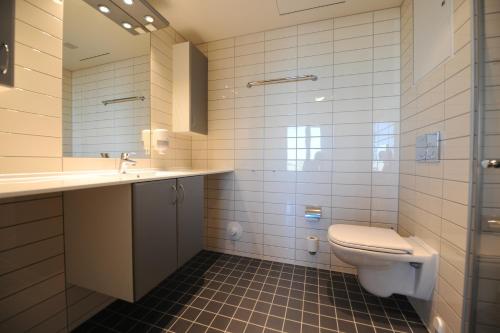 Tananger坦纳戈公寓酒店的一间带卫生间、水槽和镜子的浴室