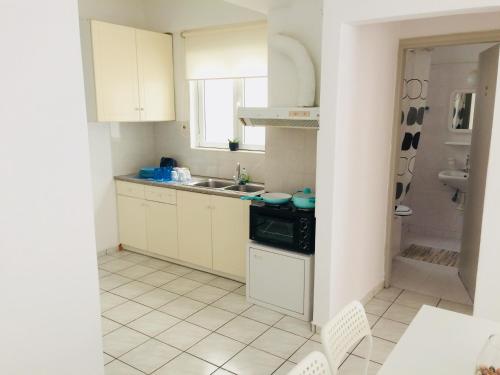 罗希姆诺Korona Beach Apartments II的小厨房配有白色橱柜和水槽
