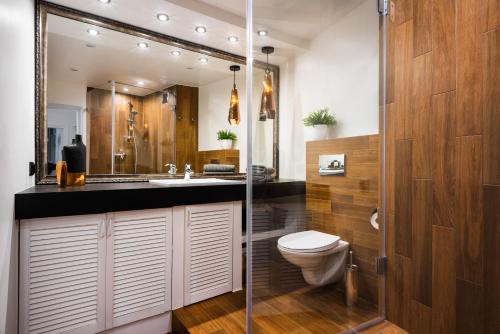 克拉科夫Apartament Felicjanek的浴室配有卫生间、盥洗盆和淋浴。